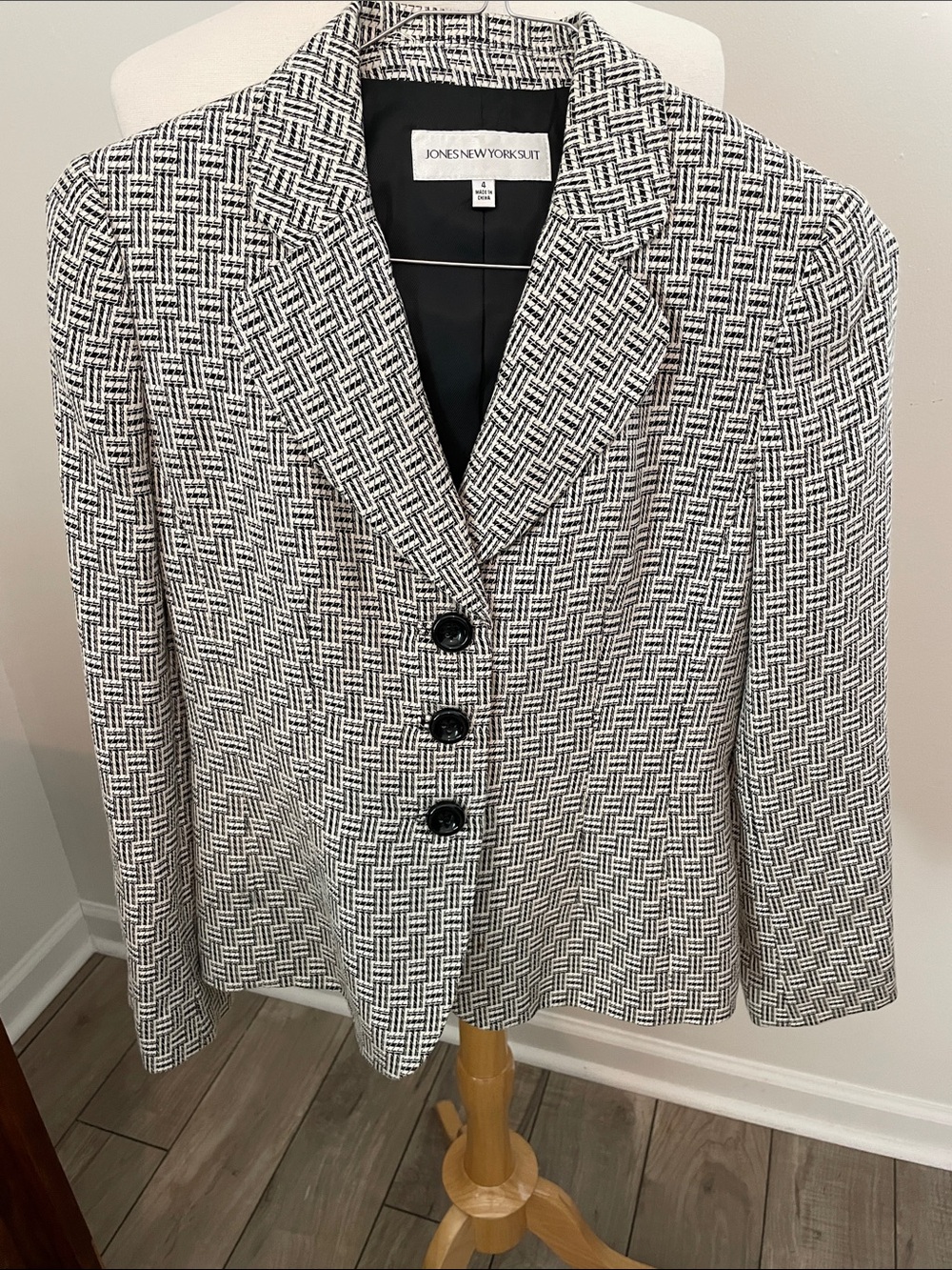 Jones New York Black and White Patterned Textured Blazer